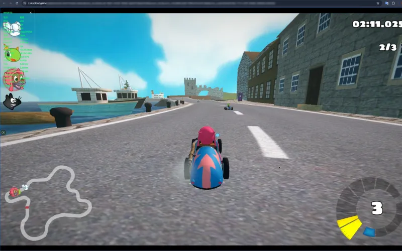 SuperTuxKart racing in the browser via YiLink, with live connection stats on the left